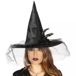 Boszorkány kalap, süveg, sapka fátyollal, tollal, Halloween -re 