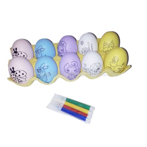 Húsvéti tojásfestő készlet, színes rajzolt tojások tojástartóban 10db  +filctoll 