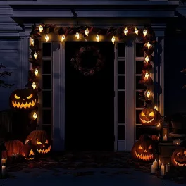 Halloweeni LED fényfüzér, világító szellemek, elemes