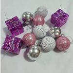 Rózsaszín, pink, ezüst karácsonyfadísz csomag 12db-os 