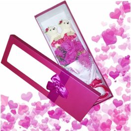 Világító, szappanrózsa csokor díszdobozban, macikkal , piros