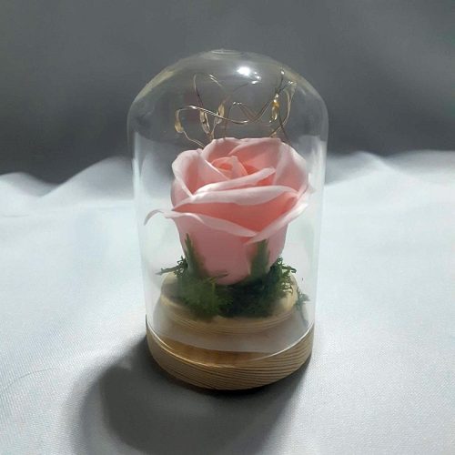 Örök rózsa üvegbúrában, LED világítással 10cm