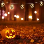 Koponyás világító ledes fényfüzér, elemes Halloween dekoráció