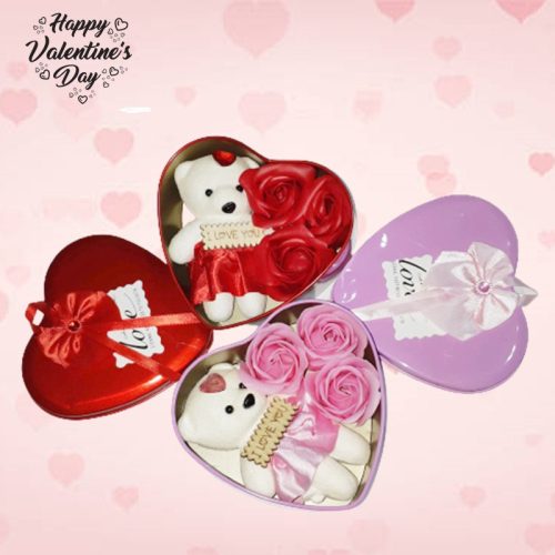 Szappan rózsa macival, szív alakú fémdobozban Valentin napra