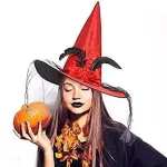 Piros boszorkány kalap, süveg, sapka fátyollal, tollal, Halloween -re 