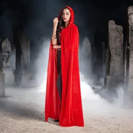   Elegáns, piros, kapucnis bársony köpeny, felnőtt méret 140cm, Halloween jelmez