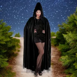   Elegáns, fekete, kapucnis bársony köpeny, felnőtt méret 140cm, Halloween jelmez