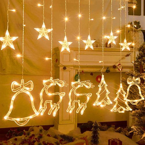 Karácsonyi LED fényfűzér-csillag, rénszarvas, harang, fenyő