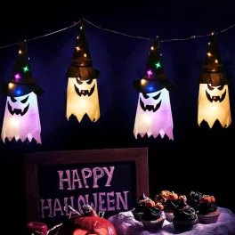   Halloween dekoráció, led-es felakasztható szellem kalappal 